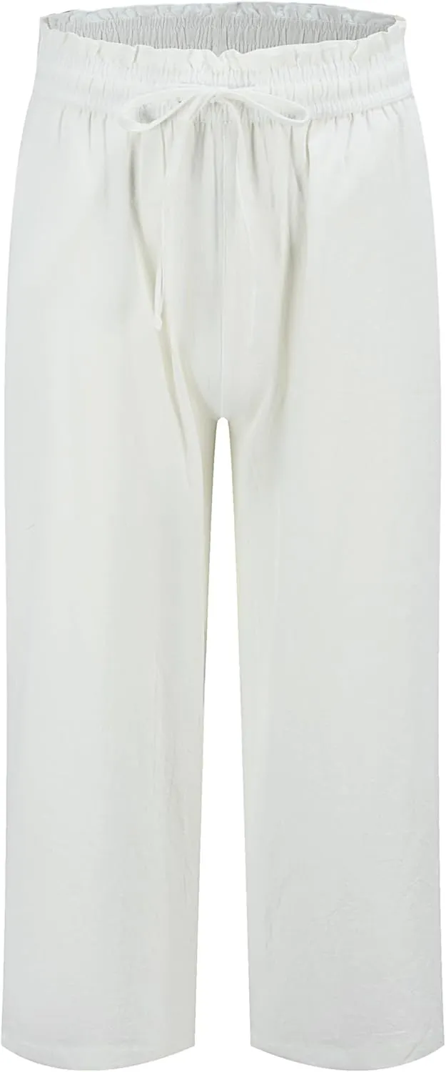 LNX Womens Linen Pants High Waisted Wide Leg Drawstring Casual Loose Trousers with Pockets