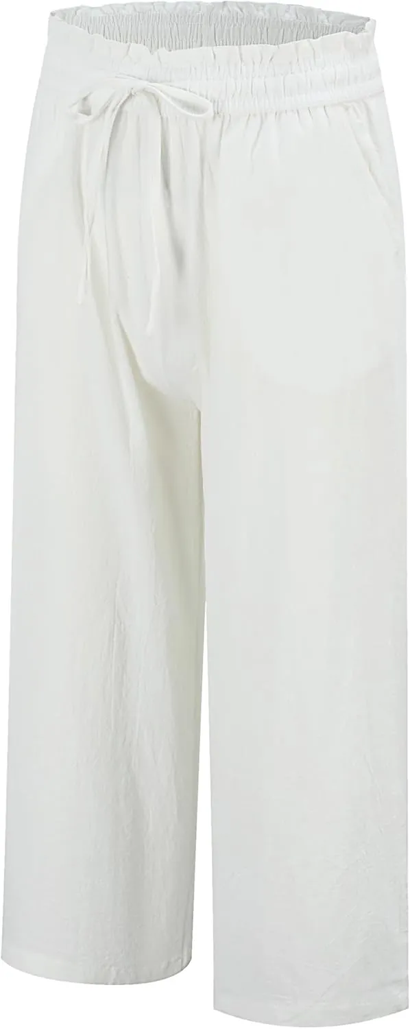LNX Womens Linen Pants High Waisted Wide Leg Drawstring Casual Loose Trousers with Pockets