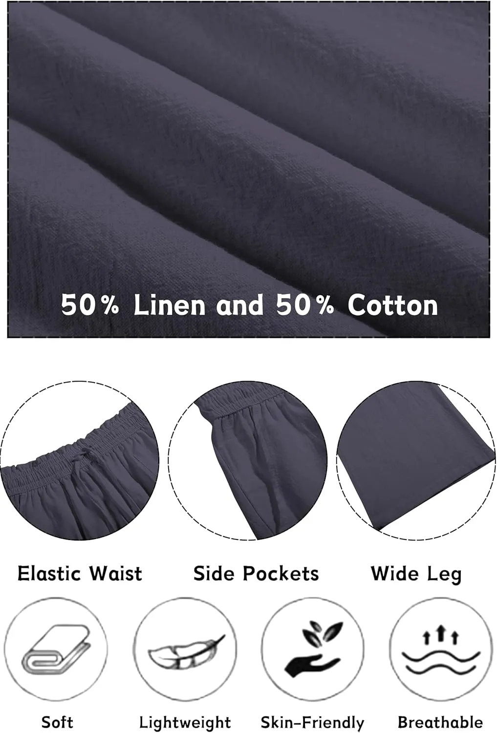 LNX Womens Linen Pants High Waisted Wide Leg Drawstring Casual Loose Trousers with Pockets