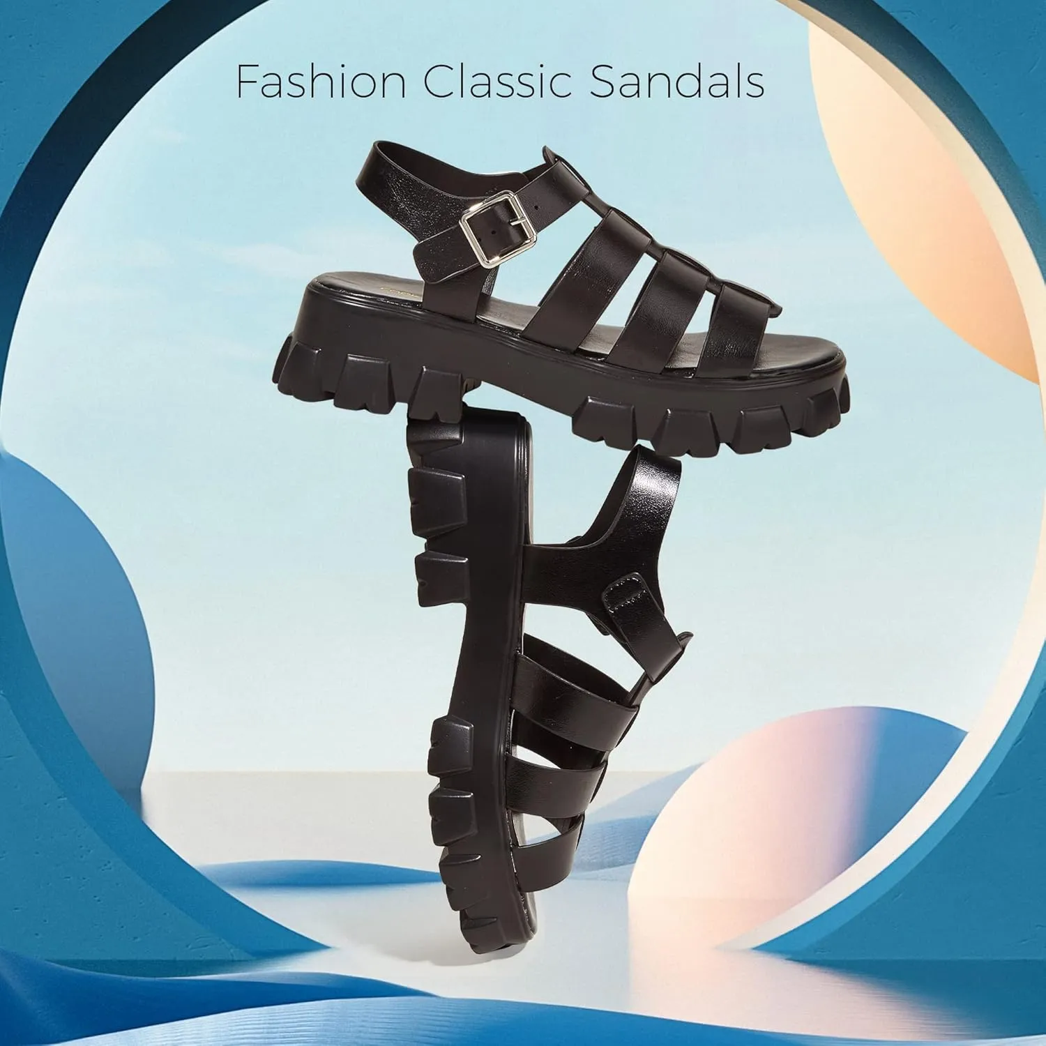 LUCKY STEP Women 's Platform Wedge Sandals Open Toe Adjustable Ankle Strap Chunky Heel