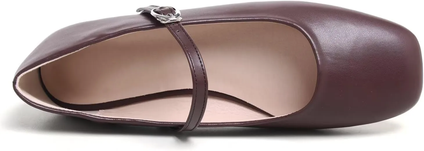 LUXINYU Leather Mary Jane Shoes for Women Dressy Square Toe Ankle Strap Ballet Shoes Comfortable Flats