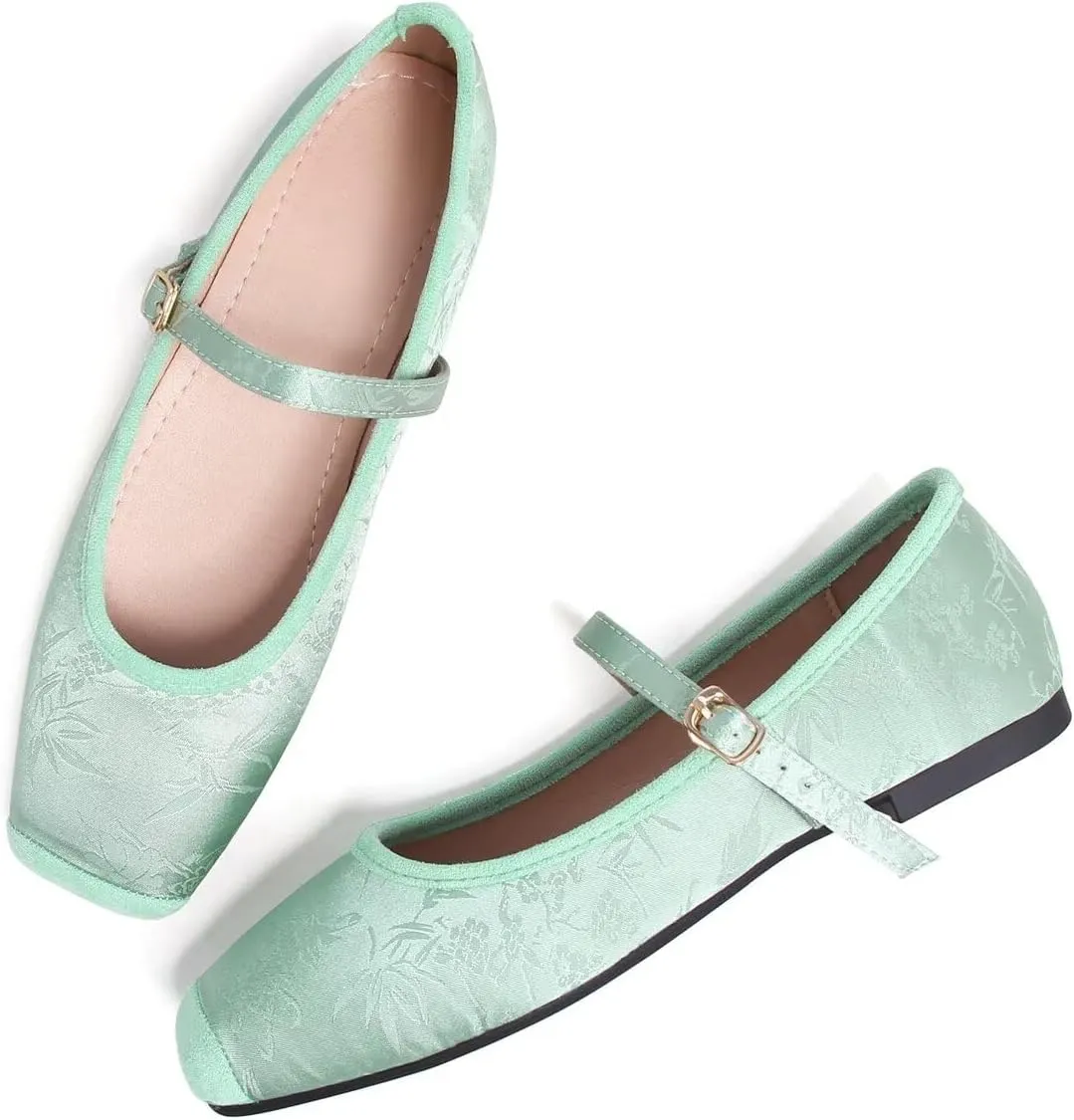 LUXINYU Mary Jane Shoes for Women Dressy Square Toe Buckle Ankle Strap Flower Pattern Satin Upper Ballet Flats Comfortable Work Flats Daily Dress Shoes