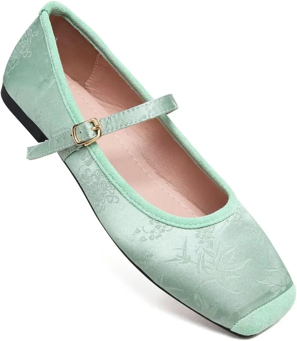 LUXINYU Mary Jane Shoes for Women Dressy Square Toe Buckle Ankle Strap Flower Pattern Satin Upper Ballet Flats Comfortable Work Flats Daily Dress Shoes