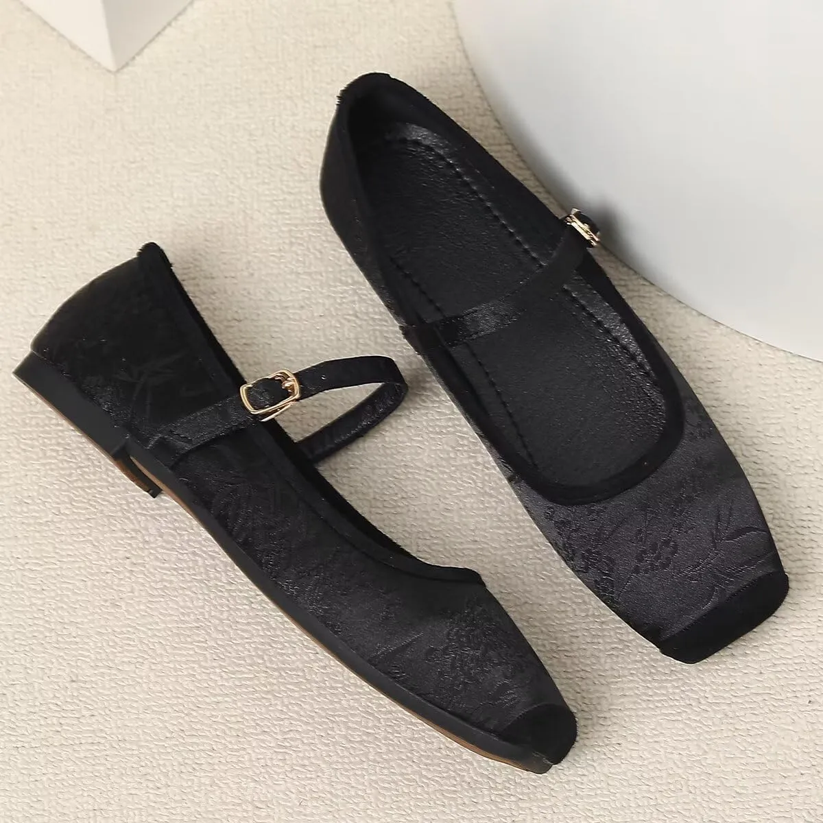 LUXINYU Mary Jane Shoes for Women Dressy Square Toe Buckle Ankle Strap Flower Pattern Satin Upper Ballet Flats Comfortable Work Flats Daily Dress Shoes