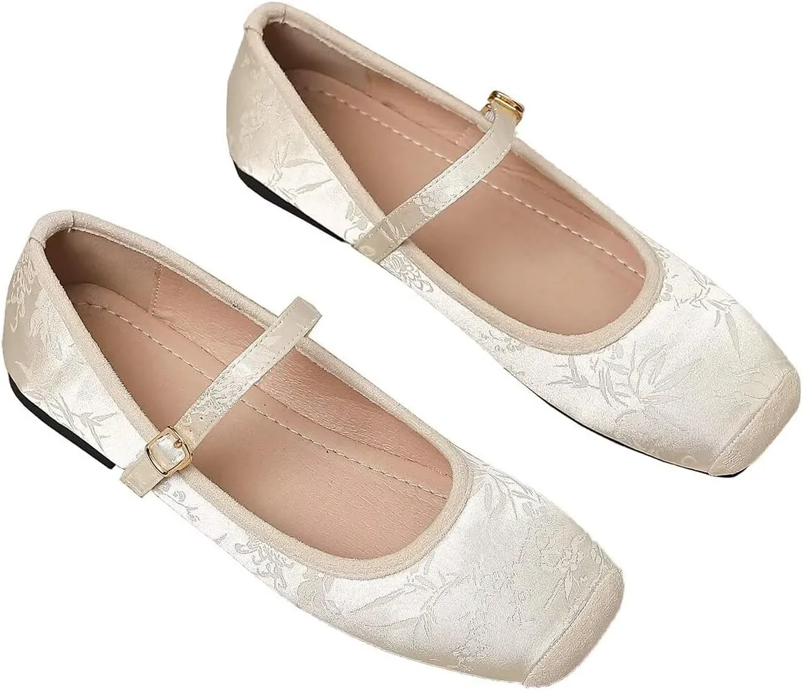 LUXINYU Mary Jane Shoes for Women Dressy Square Toe Buckle Ankle Strap Flower Pattern Satin Upper Ballet Flats Comfortable Work Flats Daily Dress Shoes