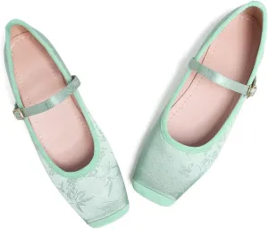 LUXINYU Mary Jane Shoes for Women Dressy Square Toe Buckle Ankle Strap Flower Pattern Satin Upper Ballet Flats Comfortable Work Flats Daily Dress Shoes