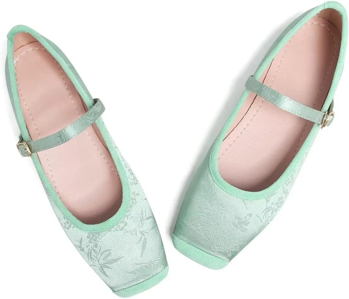 LUXINYU Mary Jane Shoes for Women Dressy Square Toe Buckle Ankle Strap Flower Pattern Satin Upper Ballet Flats Comfortable Work Flats Daily Dress Shoes