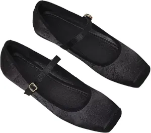 LUXINYU Mary Jane Shoes for Women Dressy Square Toe Buckle Ankle Strap Flower Pattern Satin Upper Ballet Flats Comfortable Work Flats Daily Dress Shoes