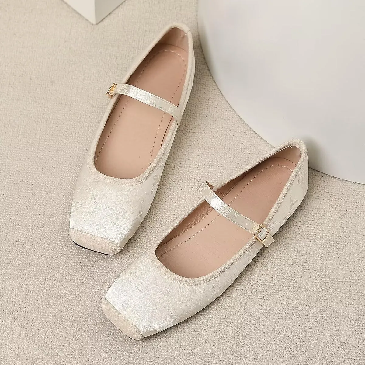 LUXINYU Mary Jane Shoes for Women Dressy Square Toe Buckle Ankle Strap Flower Pattern Satin Upper Ballet Flats Comfortable Work Flats Daily Dress Shoes