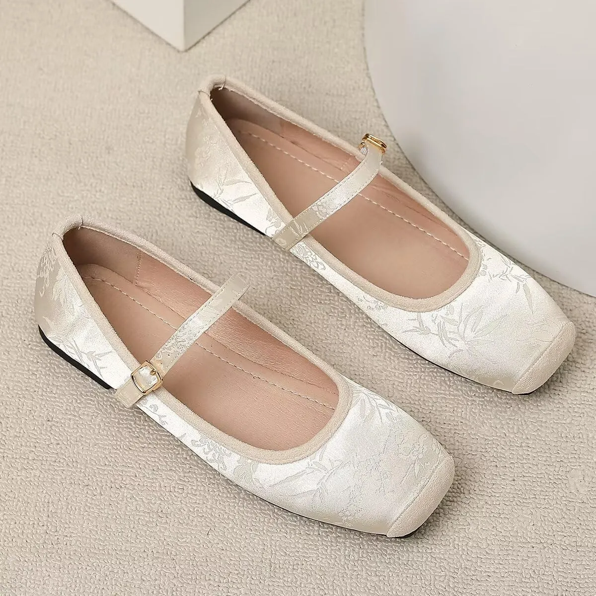 LUXINYU Mary Jane Shoes for Women Dressy Square Toe Buckle Ankle Strap Flower Pattern Satin Upper Ballet Flats Comfortable Work Flats Daily Dress Shoes