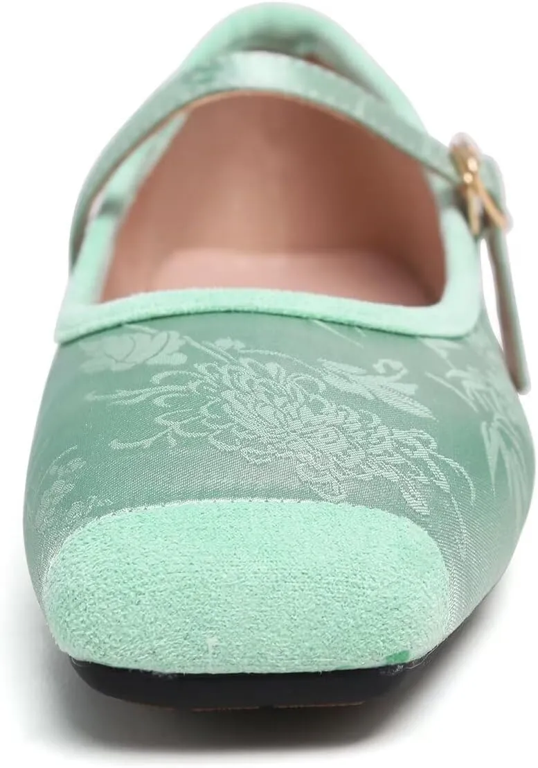 LUXINYU Mary Jane Shoes for Women Dressy Square Toe Buckle Ankle Strap Flower Pattern Satin Upper Ballet Flats Comfortable Work Flats Daily Dress Shoes