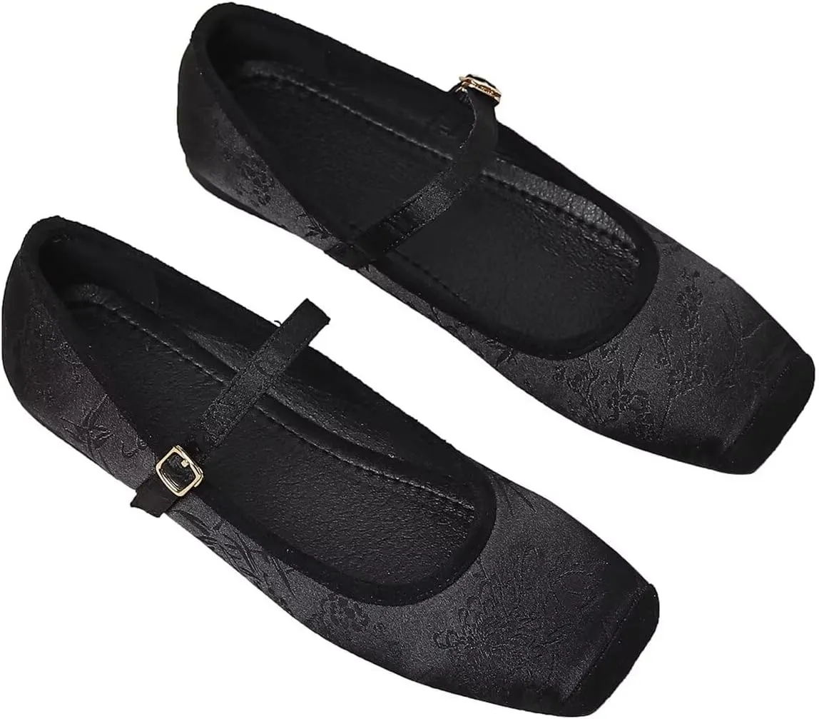 LUXINYU Mary Jane Shoes for Women Dressy Square Toe Buckle Ankle Strap Flower Pattern Satin Upper Ballet Flats Comfortable Work Flats Daily Dress Shoes