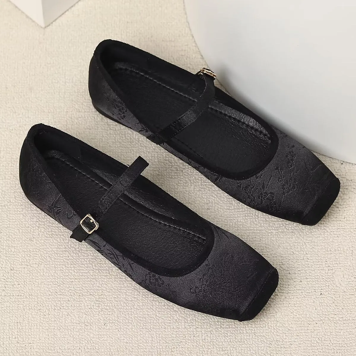 LUXINYU Mary Jane Shoes for Women Dressy Square Toe Buckle Ankle Strap Flower Pattern Satin Upper Ballet Flats Comfortable Work Flats Daily Dress Shoes