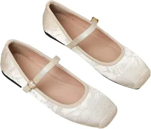LUXINYU Mary Jane Shoes for Women Dressy Square Toe Buckle Ankle Strap Flower Pattern Satin Upper Ballet Flats Comfortable Work Flats Daily Dress Shoes