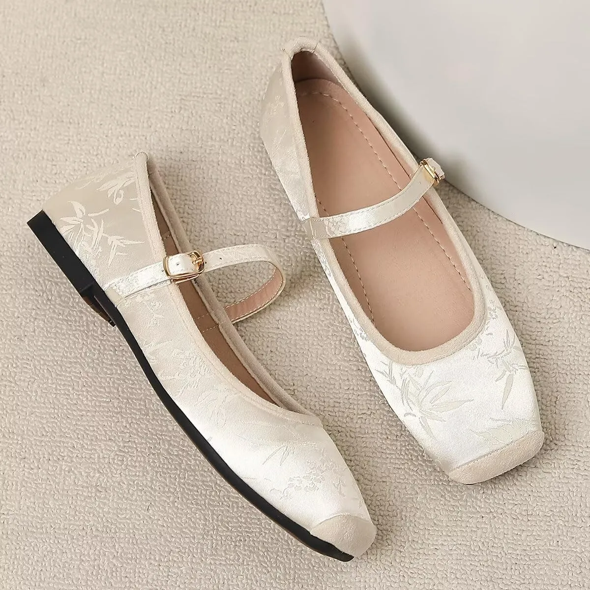 LUXINYU Mary Jane Shoes for Women Dressy Square Toe Buckle Ankle Strap Flower Pattern Satin Upper Ballet Flats Comfortable Work Flats Daily Dress Shoes