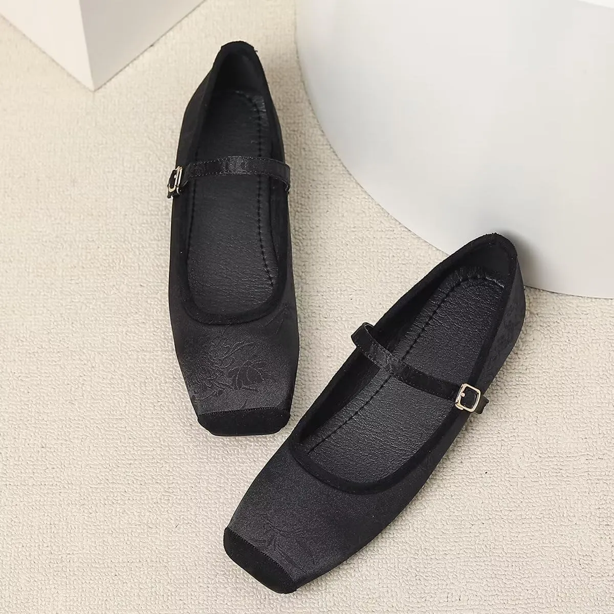 LUXINYU Mary Jane Shoes for Women Dressy Square Toe Buckle Ankle Strap Flower Pattern Satin Upper Ballet Flats Comfortable Work Flats Daily Dress Shoes
