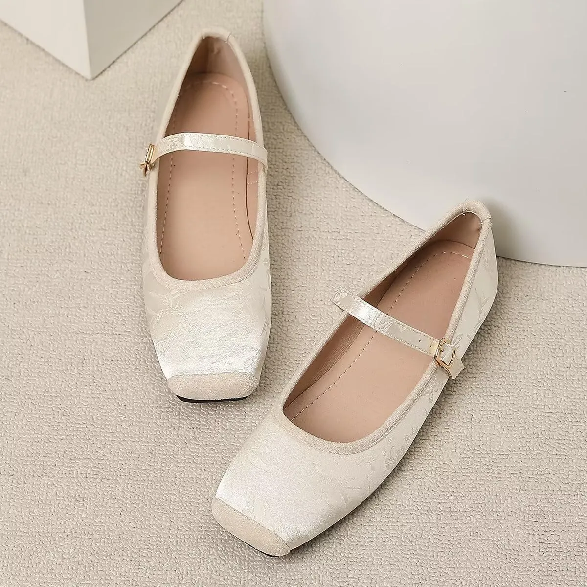 LUXINYU Mary Jane Shoes for Women Dressy Square Toe Buckle Ankle Strap Flower Pattern Satin Upper Ballet Flats Comfortable Work Flats Daily Dress Shoes