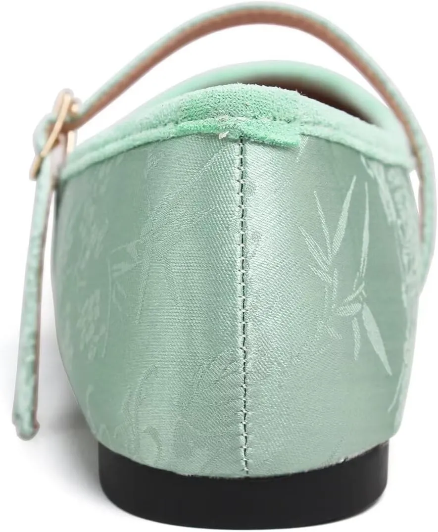 LUXINYU Mary Jane Shoes for Women Dressy Square Toe Buckle Ankle Strap Flower Pattern Satin Upper Ballet Flats Comfortable Work Flats Daily Dress Shoes