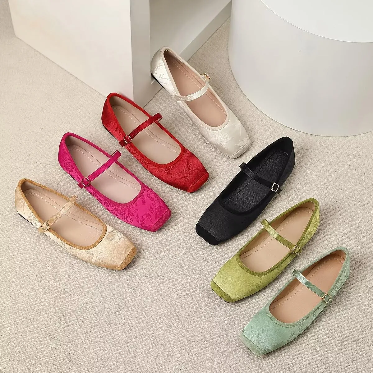 LUXINYU Mary Jane Shoes for Women Dressy Square Toe Buckle Ankle Strap Flower Pattern Satin Upper Ballet Flats Comfortable Work Flats Daily Dress Shoes