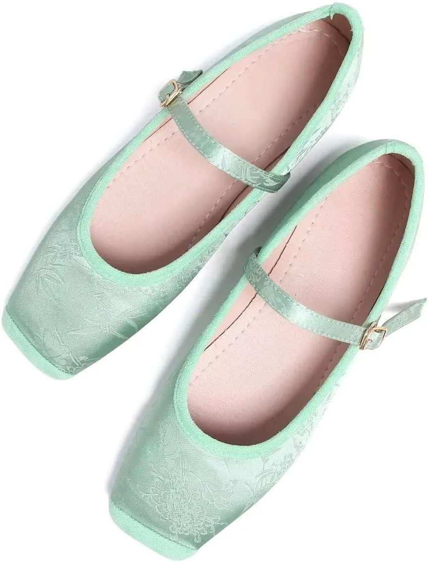 LUXINYU Mary Jane Shoes for Women Dressy Square Toe Buckle Ankle Strap Flower Pattern Satin Upper Ballet Flats Comfortable Work Flats Daily Dress Shoes