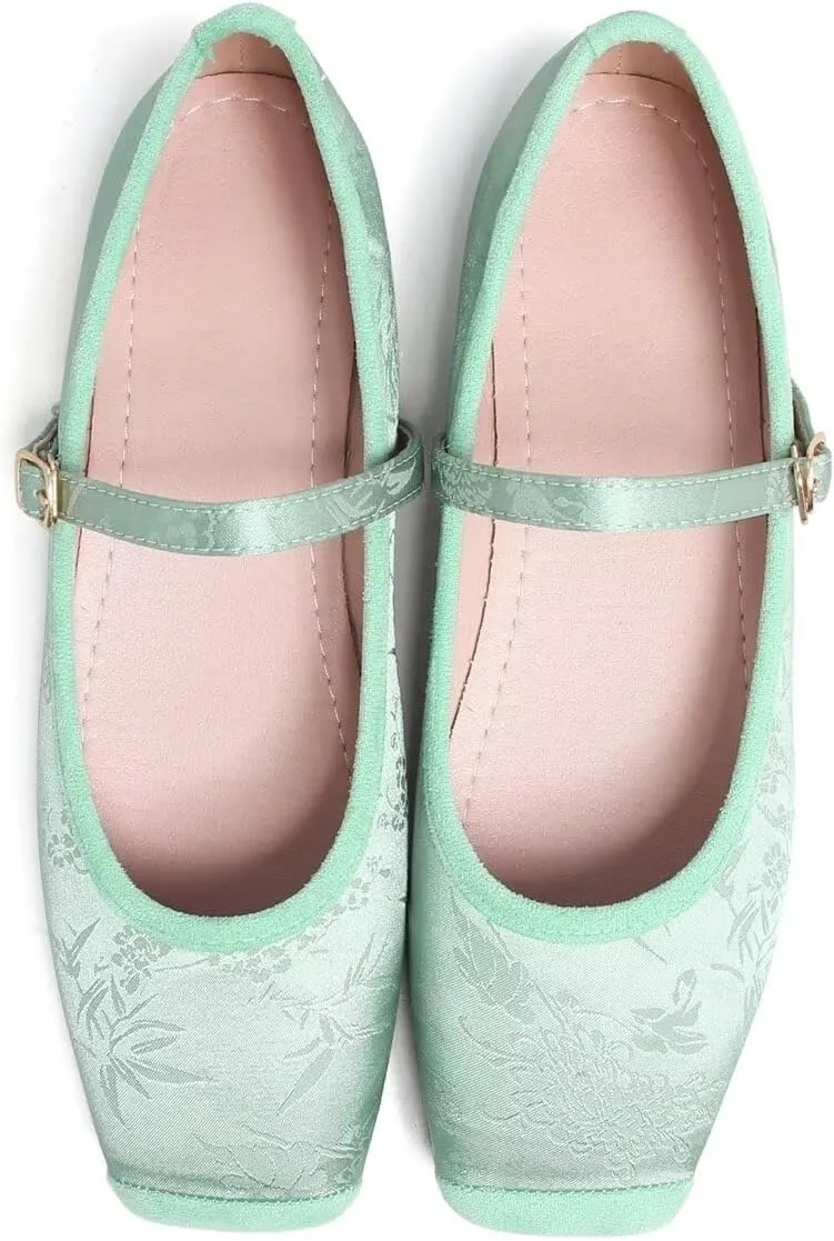 LUXINYU Mary Jane Shoes for Women Dressy Square Toe Buckle Ankle Strap Flower Pattern Satin Upper Ballet Flats Comfortable Work Flats Daily Dress Shoes