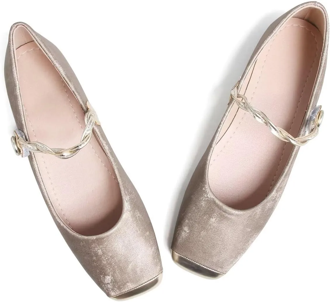LUXINYU Mary Jane Shoes for Women Square Toe Ankle Straps Ballet Flat Shoes Floral Embroidered Chinese Shoes