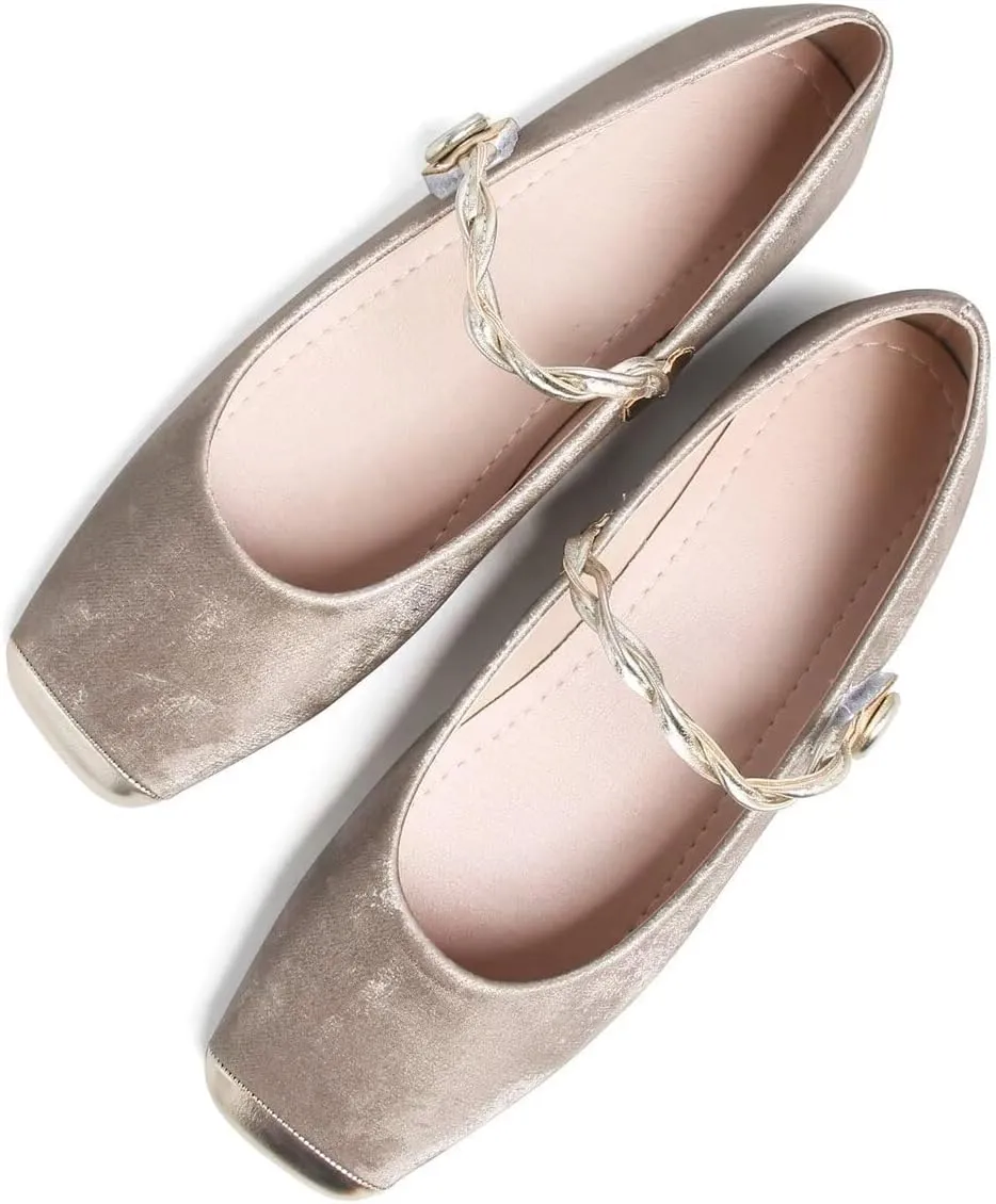 LUXINYU Mary Jane Shoes for Women Square Toe Ankle Straps Ballet Flat Shoes Floral Embroidered Chinese Shoes