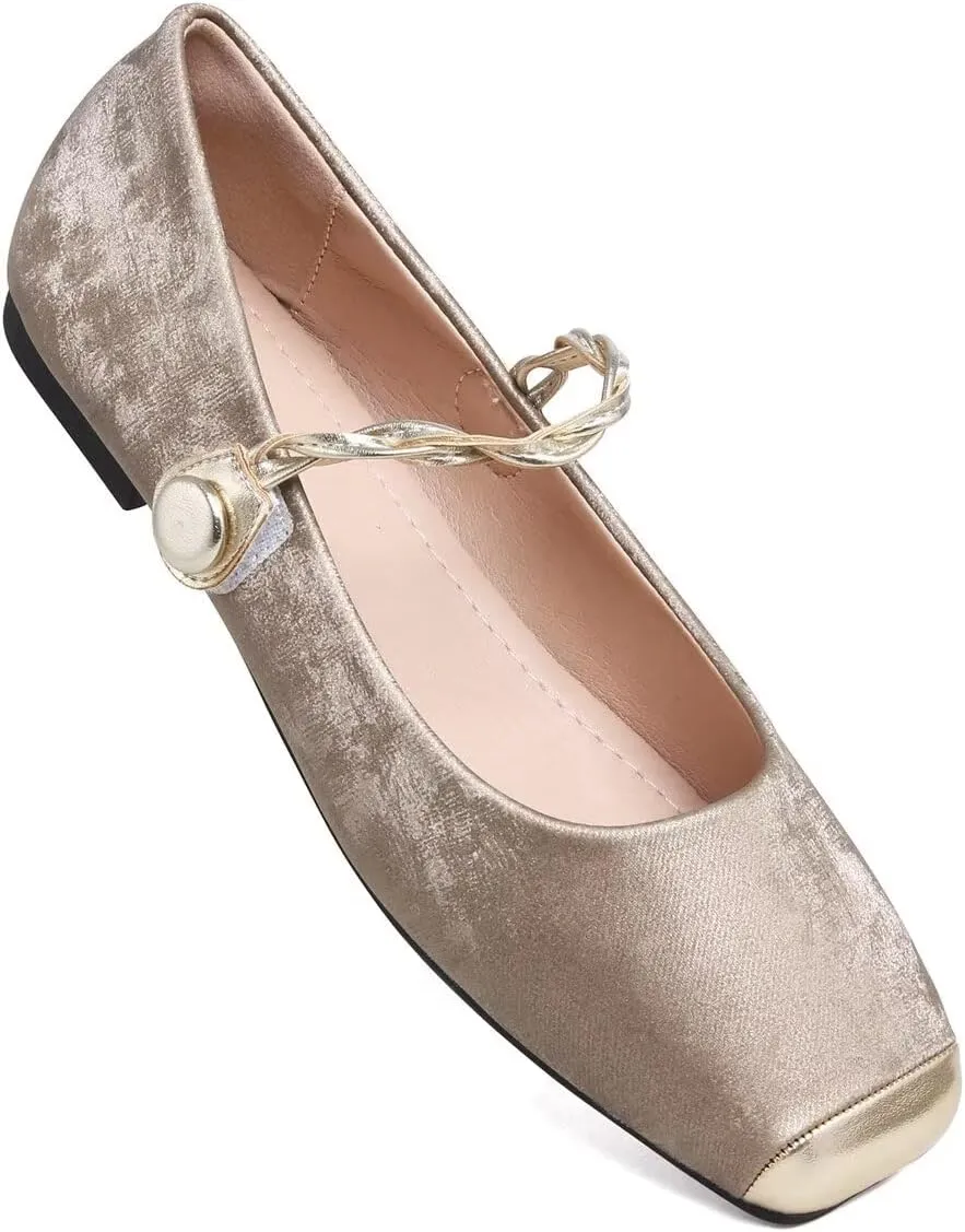 LUXINYU Mary Jane Shoes for Women Square Toe Ankle Straps Ballet Flat Shoes Floral Embroidered Chinese Shoes