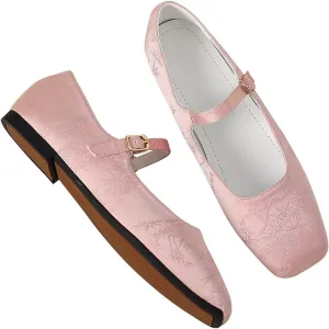 LUXINYU Mary Jane Shoes for Women Square Toe Ankle Straps Ballet Flat Shoes Floral Embroidered Chinese Shoes