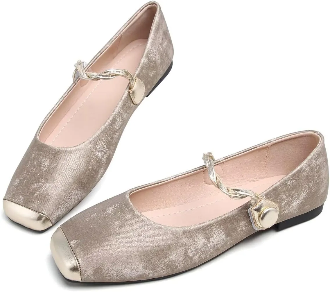 LUXINYU Mary Jane Shoes for Women Square Toe Ankle Straps Ballet Flat Shoes Floral Embroidered Chinese Shoes