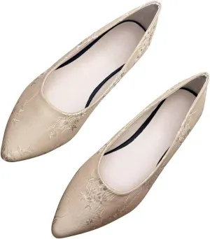 LUXINYU Women Dress Shoes Pointed Toe Satin Embroidered Upper Slip on Ballet Flats Comfortable Work Flats Low Heel Daily Walking Shoes Prom Party Shoes