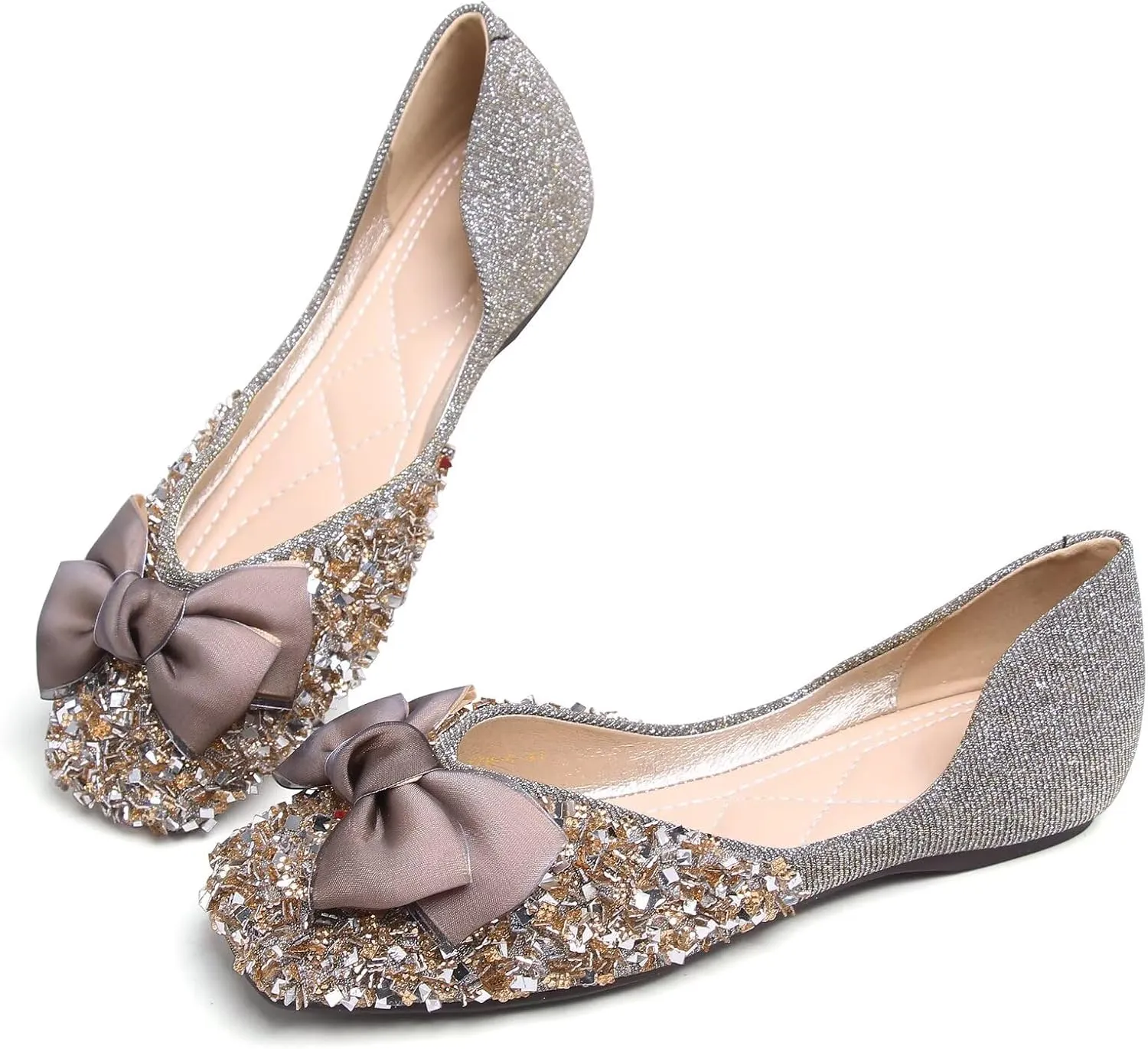 LUXINYU Women Fashion Sparkling Sequin Flats Silk Bowknot Slip on Ballet Flats Soft Insole Low Heel Dress Office Party Wedding Shoes