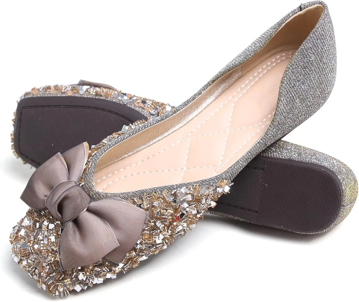LUXINYU Women Fashion Sparkling Sequin Flats Silk Bowknot Slip on Ballet Flats Soft Insole Low Heel Dress Office Party Wedding Shoes