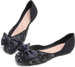 LUXINYU Women Fashion Sparkling Sequin Flats Silk Bowknot Slip on Ballet Flats Soft Insole Low Heel Dress Office Party Wedding Shoes