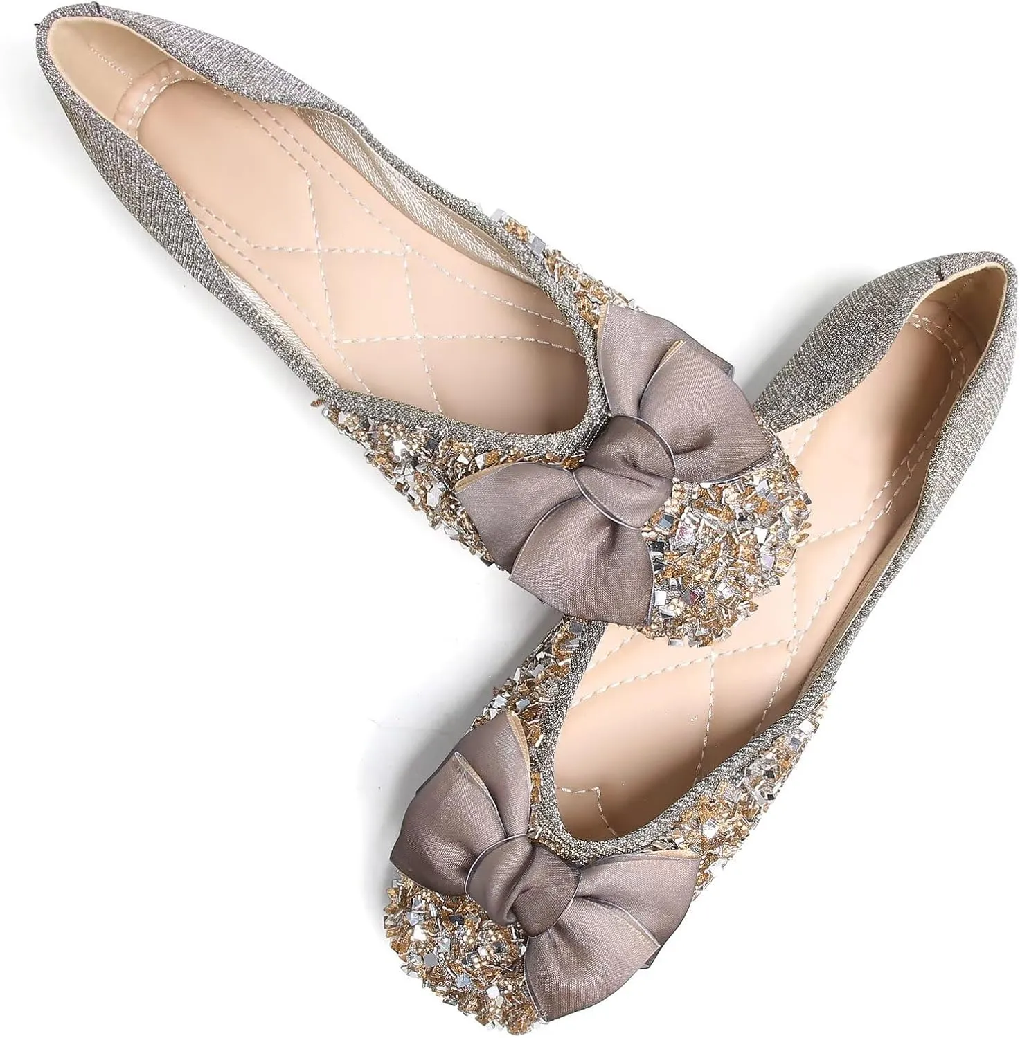 LUXINYU Women Fashion Sparkling Sequin Flats Silk Bowknot Slip on Ballet Flats Soft Insole Low Heel Dress Office Party Wedding Shoes