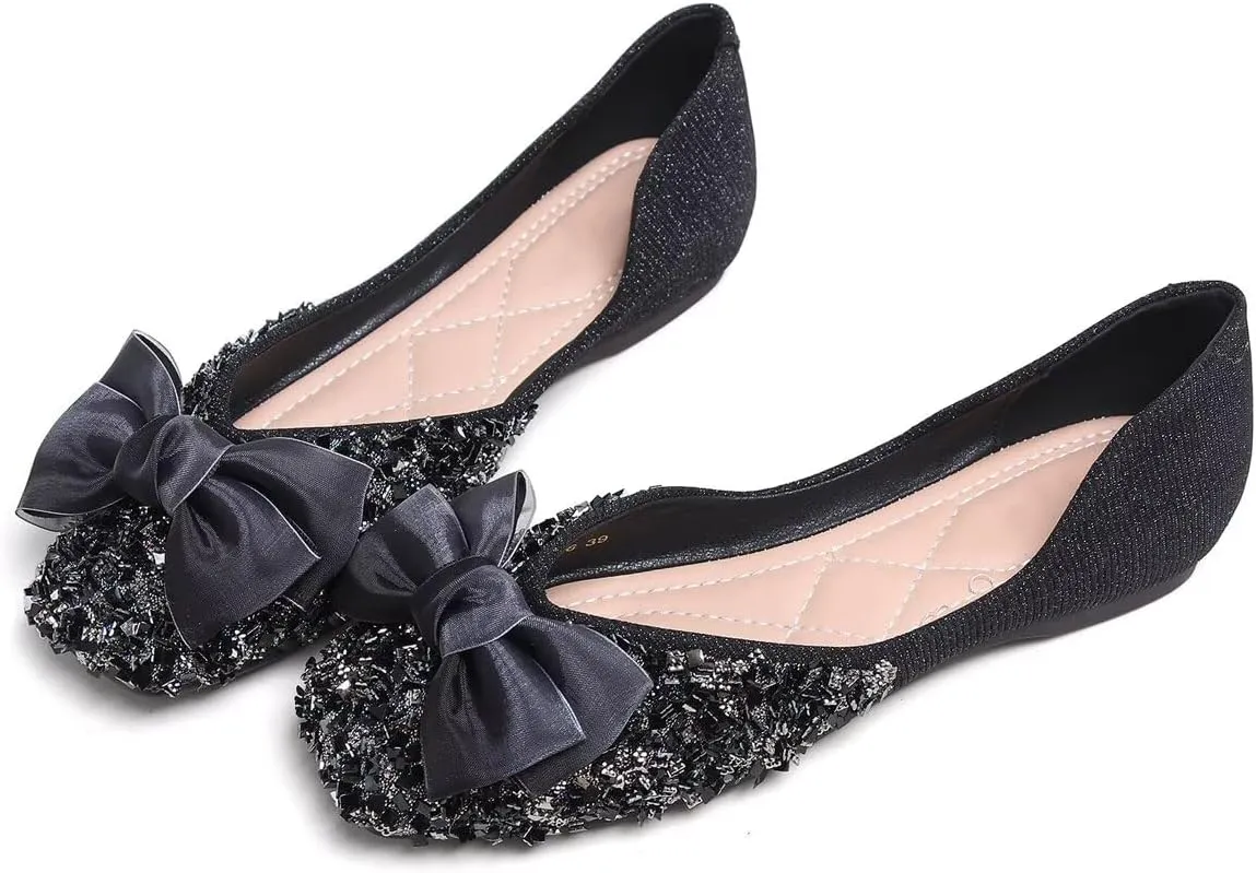 LUXINYU Women Fashion Sparkling Sequin Flats Silk Bowknot Slip on Ballet Flats Soft Insole Low Heel Dress Office Party Wedding Shoes