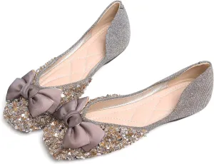 LUXINYU Women Fashion Sparkling Sequin Flats Silk Bowknot Slip on Ballet Flats Soft Insole Low Heel Dress Office Party Wedding Shoes