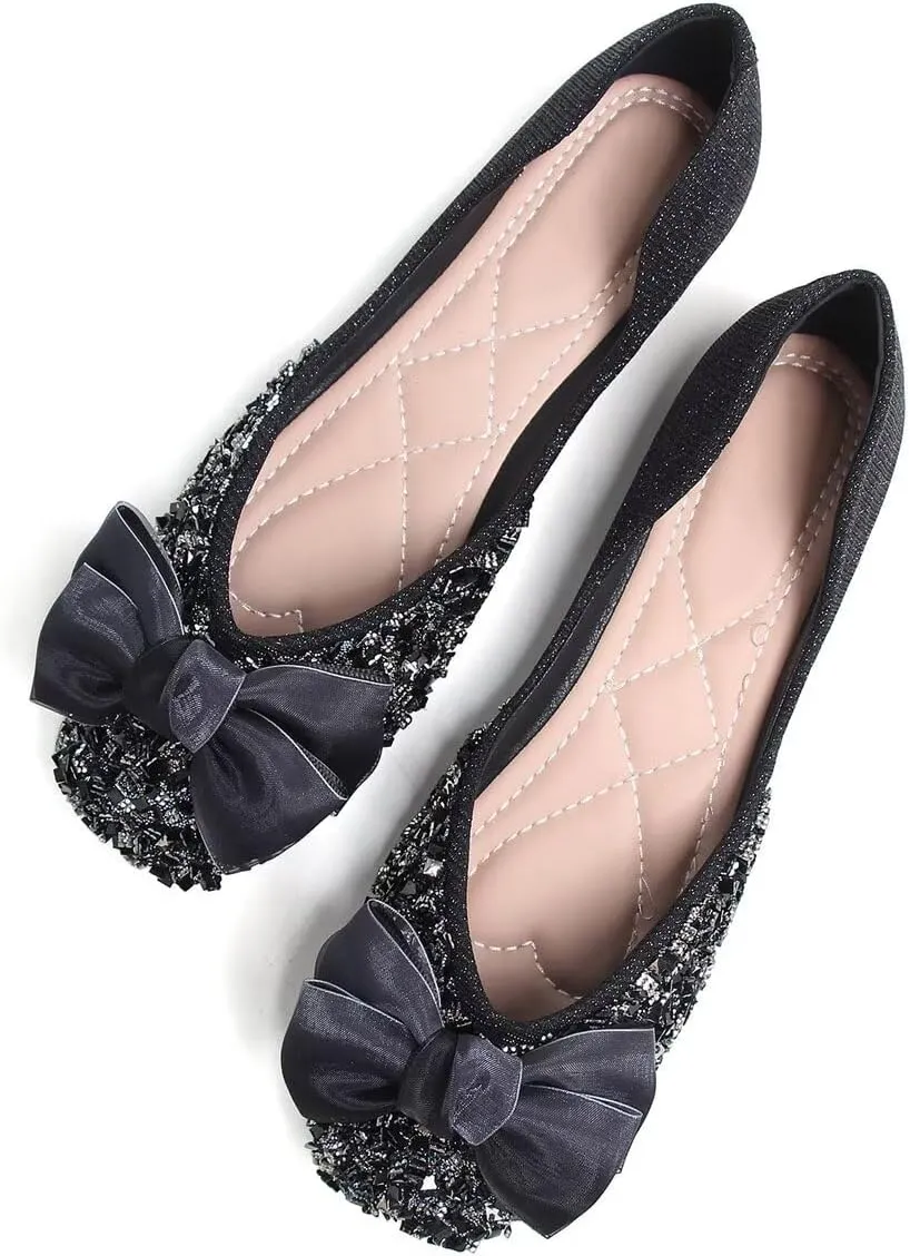 LUXINYU Women Fashion Sparkling Sequin Flats Silk Bowknot Slip on Ballet Flats Soft Insole Low Heel Dress Office Party Wedding Shoes