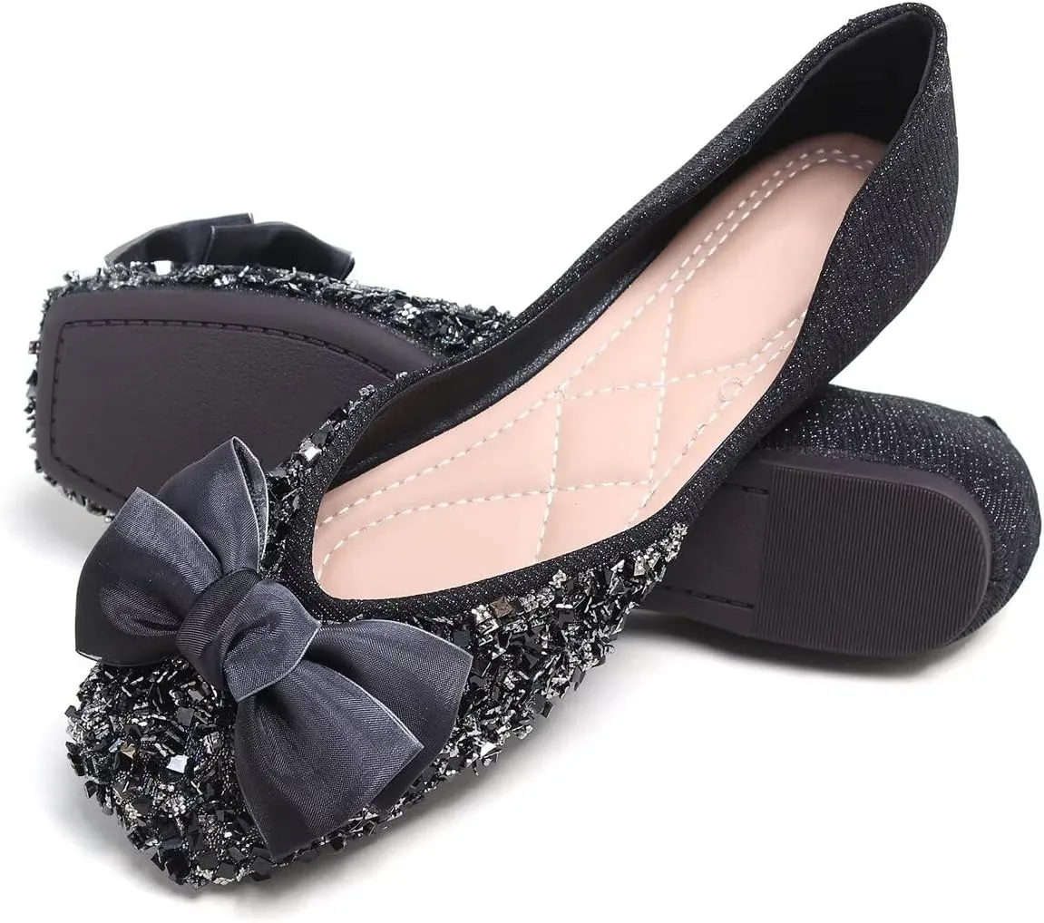 LUXINYU Women Fashion Sparkling Sequin Flats Silk Bowknot Slip on Ballet Flats Soft Insole Low Heel Dress Office Party Wedding Shoes