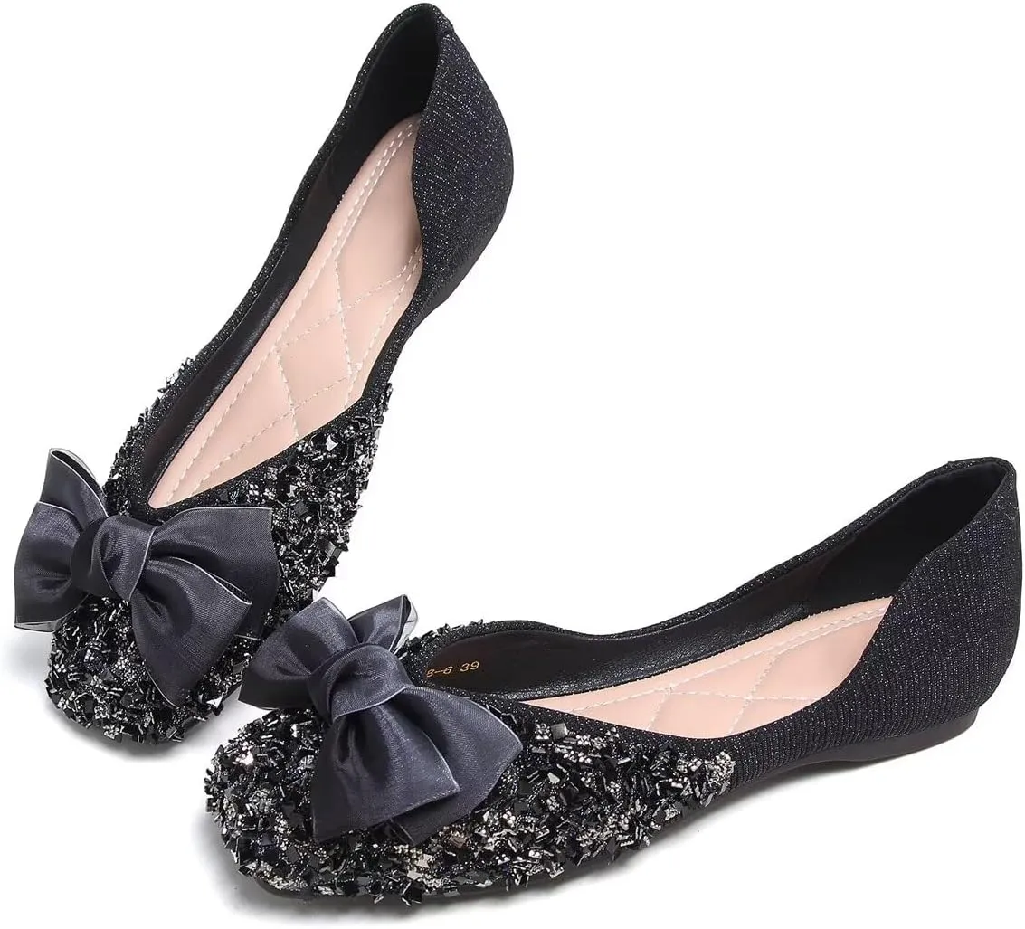 LUXINYU Women Fashion Sparkling Sequin Flats Silk Bowknot Slip on Ballet Flats Soft Insole Low Heel Dress Office Party Wedding Shoes