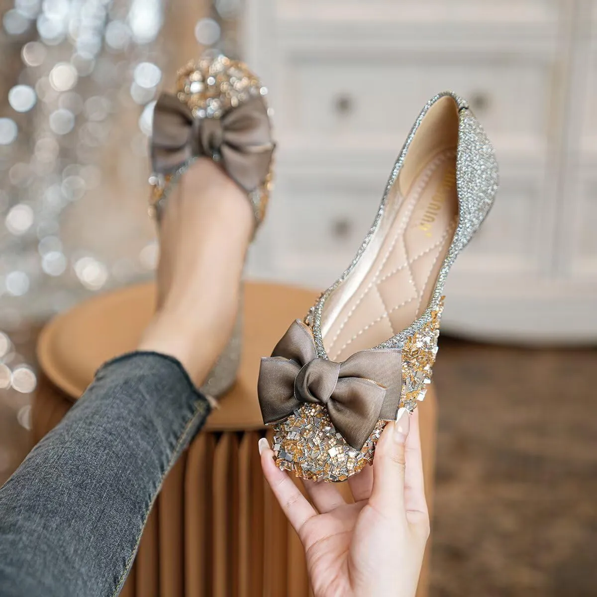 LUXINYU Women Fashion Sparkling Sequin Flats Silk Bowknot Slip on Ballet Flats Soft Insole Low Heel Dress Office Party Wedding Shoes