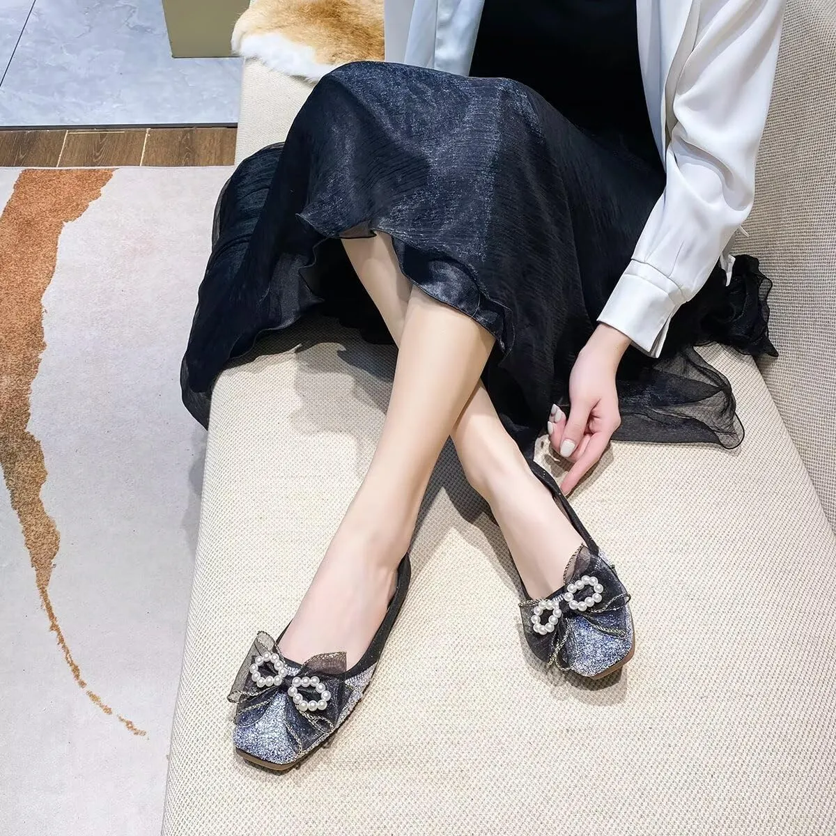 LUXINYU Women Soft Satin Upper with Sparkling Rhinestone Pearl Silk Bowknot Slip on Ballet Flats Low Heel Casual Shoes Office Party Wedding Shoes