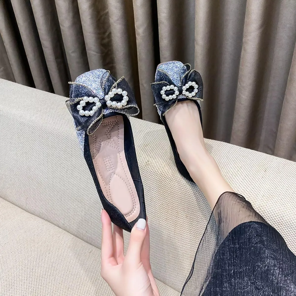 LUXINYU Women Soft Satin Upper with Sparkling Rhinestone Pearl Silk Bowknot Slip on Ballet Flats Low Heel Casual Shoes Office Party Wedding Shoes