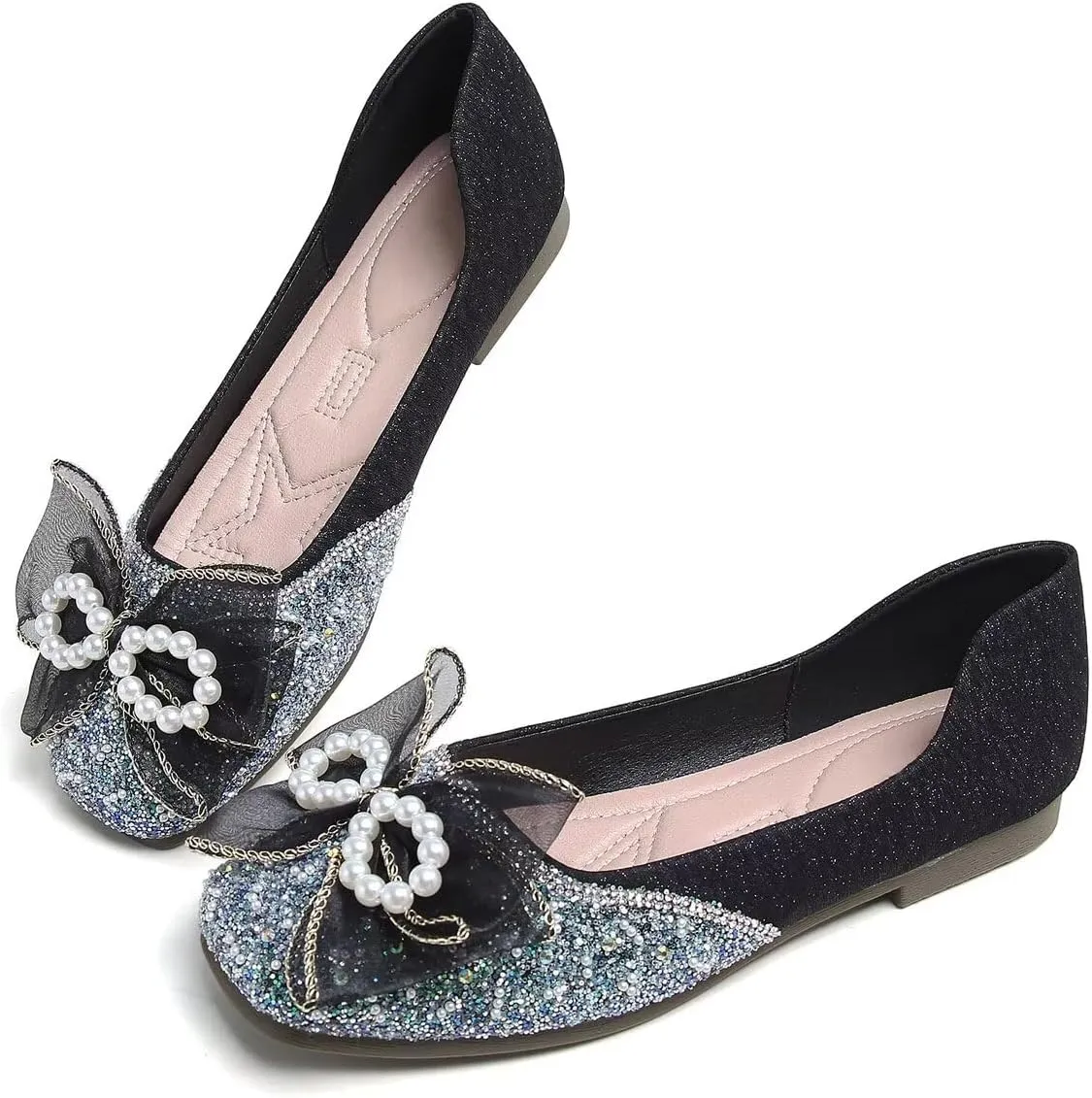 LUXINYU Women Soft Satin Upper with Sparkling Rhinestone Pearl Silk Bowknot Slip on Ballet Flats Low Heel Casual Shoes Office Party Wedding Shoes