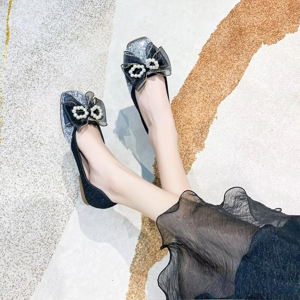 LUXINYU Women Soft Satin Upper with Sparkling Rhinestone Pearl Silk Bowknot Slip on Ballet Flats Low Heel Casual Shoes Office Party Wedding Shoes