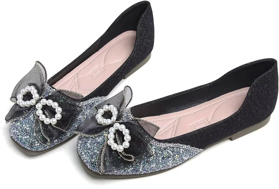 LUXINYU Women Soft Satin Upper with Sparkling Rhinestone Pearl Silk Bowknot Slip on Ballet Flats Low Heel Casual Shoes Office Party Wedding Shoes