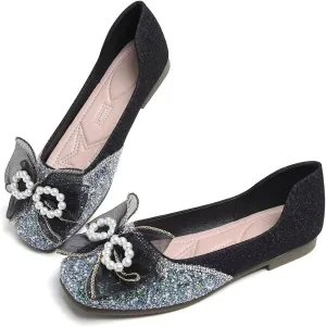 LUXINYU Women Soft Satin Upper with Sparkling Rhinestone Pearl Silk Bowknot Slip on Ballet Flats Low Heel Casual Shoes Office Party Wedding Shoes