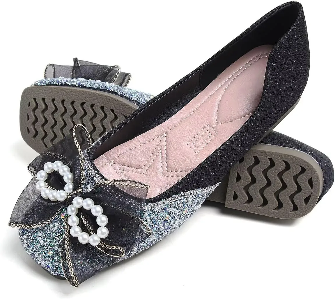 LUXINYU Women Soft Satin Upper with Sparkling Rhinestone Pearl Silk Bowknot Slip on Ballet Flats Low Heel Casual Shoes Office Party Wedding Shoes