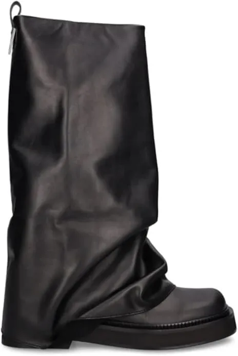 MAVMAX Women Fold Over Knee High Boots Casual Round Toe Coverd Slouched Leather Pull On Wide Calf Chunky Low Heel Platform Boots