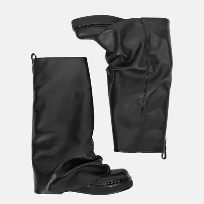 MAVMAX Women Fold Over Knee High Boots Casual Round Toe Coverd Slouched Leather Pull On Wide Calf Chunky Low Heel Platform Boots